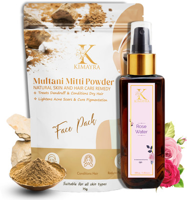 KIMAYRA Natural Multani Mitti Face Pack Powder -75gm + Pure Rose Water Spray -100ml | Gulab Jal For Glowing Skin | Skin Care Combo(2 Items in the set)