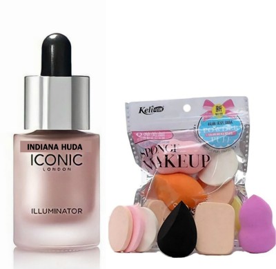 INDIANA HUDA BLOSSOM (Peachy Rose Gold)Iconic illuminator highlighter AND Foundation, Sponge Beauty Blender Makeup Puff Family Pack Set(2 Items in the set)