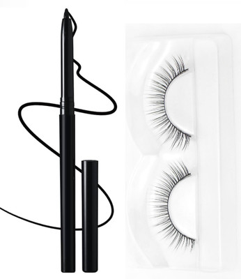 BLUEMERMAID (Pack Of 2) 3D Natural False-Fake Eyelashes ,One Stroke Smooth Application Crayon Black Kajal(2 Items in the set)