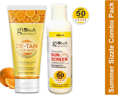 Globus Naturals Summer Sizzle Set - Sunscreen Lotion SPF 50++ 100 ml & De-Tan Face Wash 100g(2 Items in the set) Globus Naturals Summer Sizzle Set - Sunscreen Lotion SPF 50++ 100 ml & De-Tan Face Wash 100g(2 Items in the set)