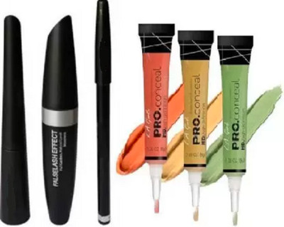 KAATO EYEBROW PENCIL BLACK, EYELINER, MASCARA (3 IN 1)L.A Girl AD HD pro Conceal Concealer(6 Items in the set)