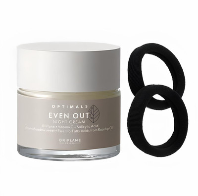 Oriflame OPTIMALS Even Out Night Cream 50 ml with Hair Ponytail Holder Highly Elastic Black Rubber Bands 2 piece(3 Items in the set)