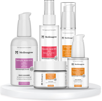 Medimagrow Brightening Daily routine combo kit (salicylic acid ,glycolic,vitamin C,E))(5 Items in the set)