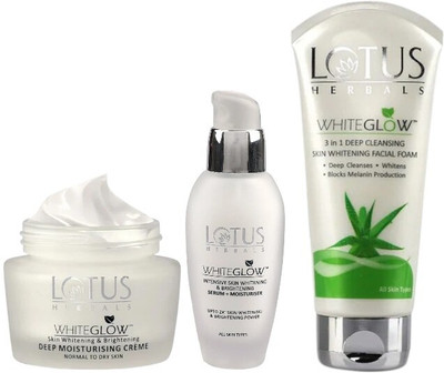 LOTUS HERBALS WhiteGlow Skin Brightening Deep Moisturising Cream SPF20 PA+++60G, Serum+Moisturiser 30ML with 3 In 1 Deep Cleansing facwash100g(3 Items in the set) LOTUS HERBALS WhiteGlow Skin Brightening Deep Moisturising Cream SPF20 PA+++60G, Serum+Moisturiser 30ML with 3 In 1 Deep Cleansing facwash100g(3 Items in the set)