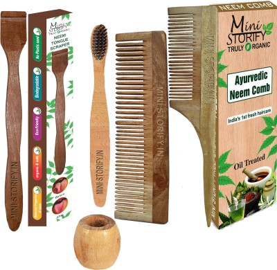 Mini Storify Truly Organic Handmade wooden comb 1 Dressing comb Dual Tooth|1 Tail Comb|1 Neem kids toothbrush |1 Neem Tongue cleaner|1 Bamboo Brush stand(5 Items in the set)