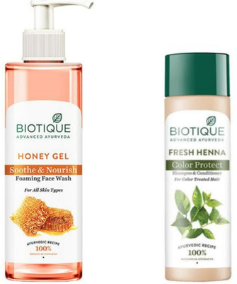 BIOTIQUE Honey Gel Face Wash 200 ML & Henna Leaf Shampoo 120 ML (2 Items in the set)