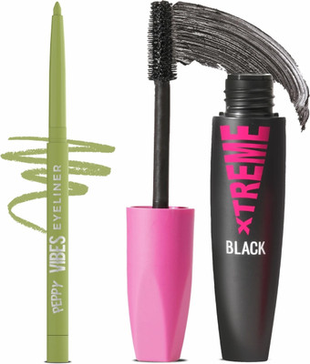 Glam21 Peppy Vibes Matte Smooth Eyeliner - Limelight,0.4gm & Xtreme Mascara|Waterproof Volumizing-Black, 10ml | Combo(2 Items in the set)