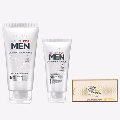 Oriflame North For Men Ultimate Balance Face Cleanser 150 ml , Face Cream 50 ml MILK & HONEY GOLD Softening Creamy Soap Bar 100 g(3 Items in the set)