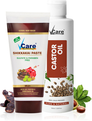 Vcare Shikakai Paste 150gm & Cold Pressed Castor Oil 100ml for Hair & Skin Combo Pack(2 Items in the set)