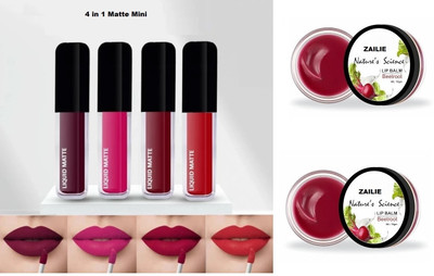 Zailie 4 in 1 Lipstick | and Smudge proof (Red, Mharoon, Pink, Brown, 16 ml) With Lip Balm with Beetroot Extracts Set of 2(3 Items in the set)