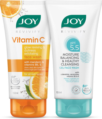 Joy Brightening & Moisture Balancing Face Cleansing Combo For Day & Night Routine | Vitamin C Face Wash & pH 5.5 Gel Face Wash 150ml(2 Items in the set)