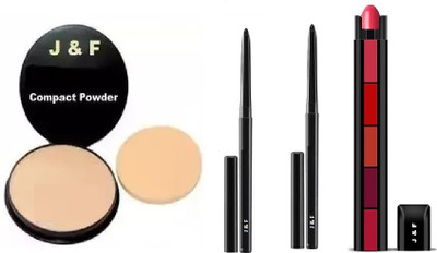 J & F Face Compact, Kajal(2),Soft & Smooth 5 in 1 Red Lipstick(3 Items in the set)