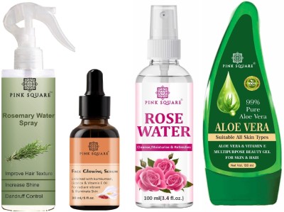 Pink Square Rosemary spray 100ml,FaceGlowing Serum 30ml,Rose Water 100ml & Aloevera Gel 100ml(4 Items in the set)