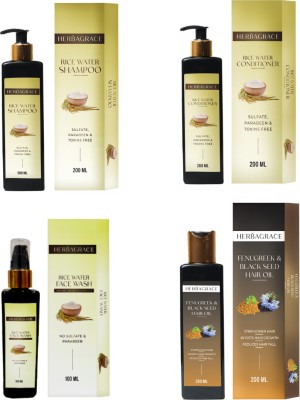 HERBAGRACE Kit Fenugreek Oil, Rice Water Shampoo-Conditioner 200ml Each & Rice Water Facewash 100ml(4 Items in the set)