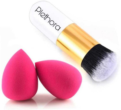 Plethora Extra Soft Foundation Brush with 2 Sponge puff blender - (Pack of 3)(3 Items in the set)