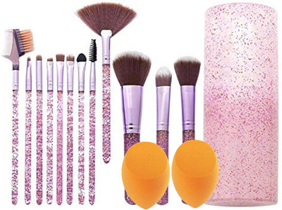 Sh.Huda Makeup Brush Set with Storage Box - 12 Piece Glitter Brushes and 2 Pcs beauty blender(14 Items in the set)