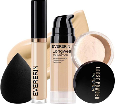 EVERERIN Professional Combo Waterproof Skin Base Foundation Loose Compact Face Powder With Makeup Blender & Concealer(4 Items in the set)