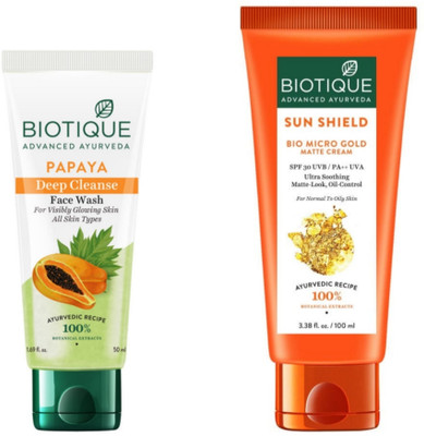 BIOTIQUE Papaya Face Wash 50 ML & Sun Shield Micro Gold SPF 30+ Matte Cream 100 ML(2 Items in the set)