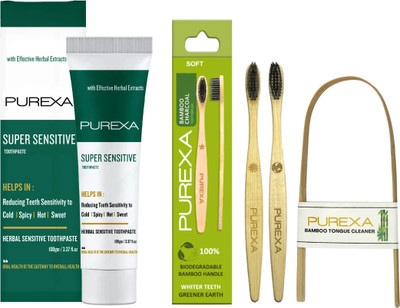 PUREXA Orthodontic Bamboo Toothbrush With Sensitivity Toothpaste and Bamboo Tongue Cleaner(4 Items in the set)