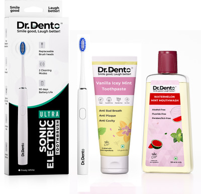Dr.Dento Ultra Electric Toothbrush Frosty White + Vegan Vanilla Icey Mint Toothpaste 125g & Alcohol-Free Watermelon Mint Mouthwash 300ml(3 Items in the set)