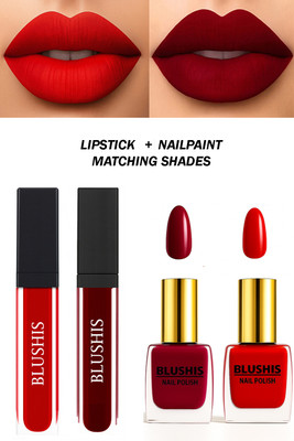 BLUSHIS Matte Lipstick + Twin Nail Polish Set | Red & Maroon Edition | Nail Matching Duo | Chip Resistant(4 Items in the set)
