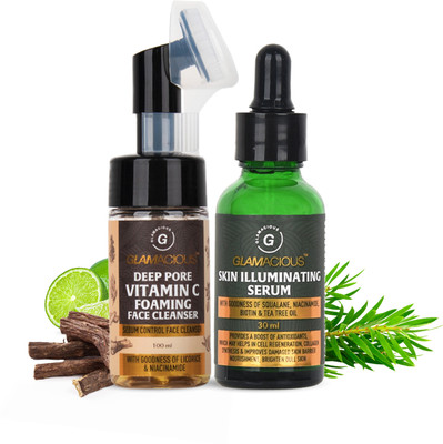 GLAMACIOUS Fresh Face Delight | Vitamin C Foaming Face Cleanser with a Brush - 100 ml and Skin Illuminating Face Serum- 30 ml(2 Items in the set)