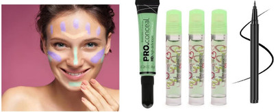 Herrlich PROFESSIONAL LOOK FACE MAKEUP COMBO OF GREEN PRO CONCEALER & LIP OIL& EYELINER WITH WATERPROOF FORMULA(3 Items in the set)