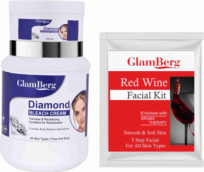 Glamberg Diamond Bleach Cream With Activator + Red Wine Facial Kit 5 in 1(2 Items in the set)