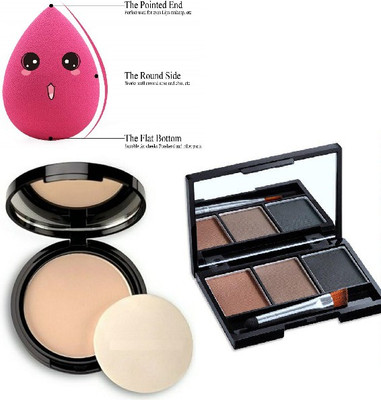 KAIASHA BEST MAKEUP COMBO KIT WATERPROOF COMPACT POWDER AND 3 IN 1 EYEBROW PALATE WITH BEAUTY BLENDER(3 Items in the set)