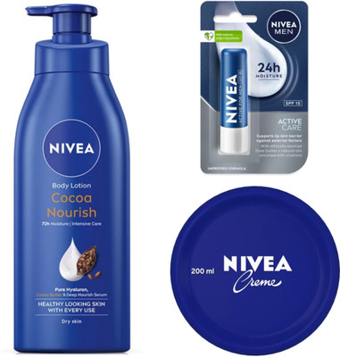 NIVEA COCOA NOURISH BODY LOTION 400 ML, ACTIVE CARE LIP BALM 4.8G & CREME 200 ML(3 Items in the set)