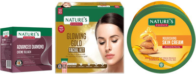 Nature's Diamond Cream Bleach (21g) Glowing Gold Facial Kit (60g) Nourishing Skin Cream Almond & Honey (400ml)(3 Items in the set)