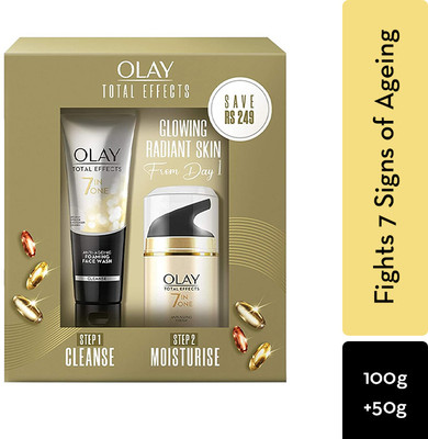 OLAY Total Effects 7 In 1, Exfoliating Cleanser 100g + Anti Ageing Moisturiser (SPF 15) 50g  (2 Items In The Set) For Rs. 289 @ 71 %