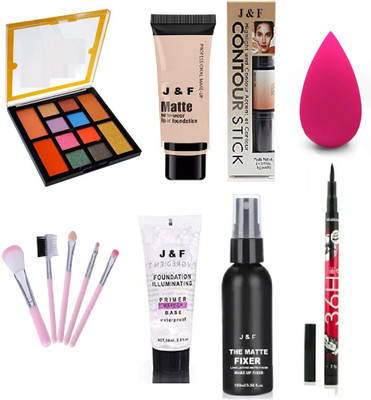 J & F 12 Clr Eyeshadow,Primer,Fixer,Foundation,Contour,5 pc brush,Eyeliner,Puff(8 Items in the set)