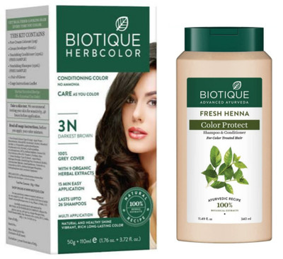 BIOTIQUE Conditioning Hair Color 3N Darkest Brown & Henna Leaf Shampoo 340 ML (2 Items in the set)