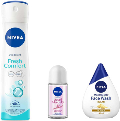 NIVEA Fresh Comfort Deo and Pearl Beauty 25ml Roll On Besan 50ml Facewash Set of 3pc(3 Items in the set)