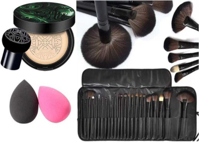 mkldsrh Professional Wood Make Up Brushes Sets With Leather Storage Pouch & sunisha foundation & beauty blenders for face make up kit(3 Items in the set)