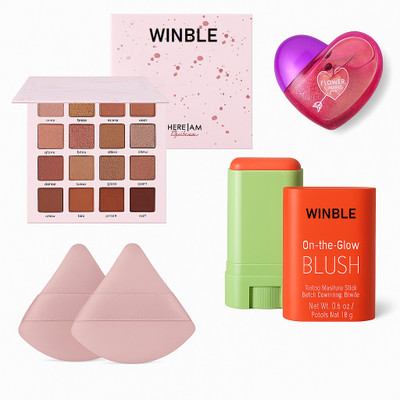 Winble 16 Color Eyeshadow Palette + Red Blush Stick + Pink Lip Gloss Set(4 Items in the set)