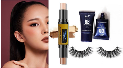 BLUEMERMAID NEW COMBO OF BB FOUNDATION EYE LASHES AND CONTOUR STICK FOR GIRLS(3 Items in the set)