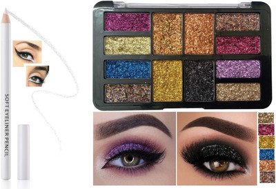 GFSU - GO FOR SOMETHING UNIQUE 12 Color Glitter Eye Shadow With White Liner & Kajal 2 in 1(2 Items in the set)