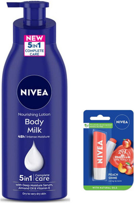 NIVEA Combo Of Body Milk Body Lotion 400 ML & Peach Shine Lip Balm(2 Items in the set)