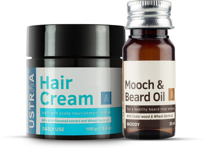 USTRAA Hair Cream for men - Daily Use - 100g
 & Beard & Mooch Oil (Woody) - 35ml(2 Items in the set)