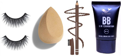 BLUEMERMAID NEW FOUNDATION + FAKE EYELASHES + MAKEUP BLENDER + BROWN EYEBROW PENCIL COMBO(4 Items in the set)