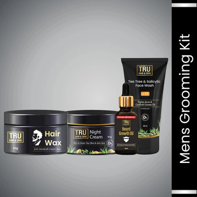TRU HAIR & SKIN 4-in-1 Men’s Styling & Skincare Kit | Hair Wax 50g, Beard Oil 30ml, Night Cream 50g & Tea Tree Face Wash 100ml(4 Items in the set)