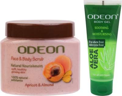 ODEON Apricot & Almond Face and Body Scrub 300ML & Aloe Vera Multipurpose Gel for Skin and Hair 50ML(2 Items in the set)