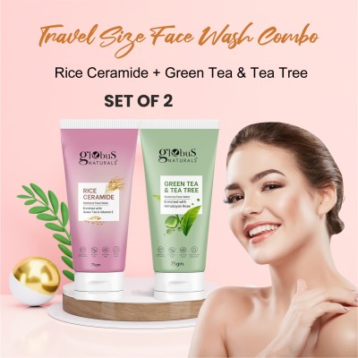 Globus Naturals Face Wash Combo- Skin Brightening Rice Ceramide Face wash & Green Tea & Tea Tree Radiance Face Wash,75gm(2 Items in the set)
