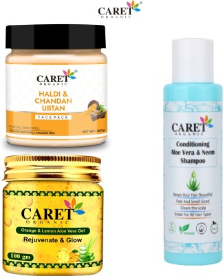 Caret Organic Haldi & Chandan Ubtan Face Pack And aAloevera Orange & Lemon Gel & Neem Aloevera Shampoo(3 Items in the set)