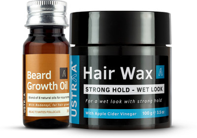 USTRAA Beard Growth Oil - 35 ml & Hair Wax Strong Hold - Wet Look - 100g(2 Items in the set)