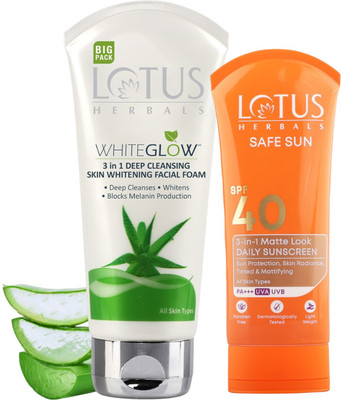 LOTUS HERBALS WhiteGlow 3 In 1 Deep Cleansing Skin Brightening Facial Foam 200G, Safe Sun 3 In 1 Matte-Look Daily Sunscreen SPF 40 PA+++ 100G(2 Items in the set) LOTUS HERBALS WhiteGlow 3 In 1 Deep Cleansing Skin Brightening Facial Foam 200G, Safe Sun 3 In 1 Matte-Look Daily Sunscreen SPF 40 PA+++ 100G(2 Items in the set)