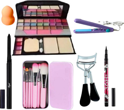 Mehaay cosmetics Make up kit + Eyelashes curler + Eyeliner + Make up brushes + Sponge + Hair straigtener + Kajal(13 Items in the set)
