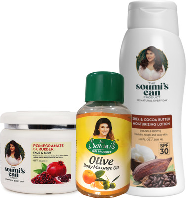 The Soumi's Can Product Pomegranate Scrubber (400gm), Olive Body Massage Oil (200ml) & Shea & Cocoa Butter Moisturizing Lotion (200ml) Combo(3 Items in the set)
